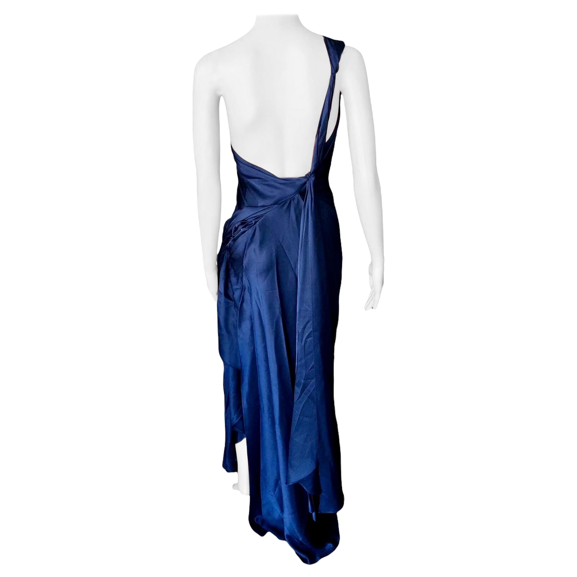 Yves Saint Laurent F/W 2010 Runway One Shoulder Backless Navy Evening Dress Gown