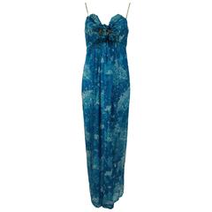 Vintage Sea blue metallic coups de velours plunge bodice maxi dress 1970s 
