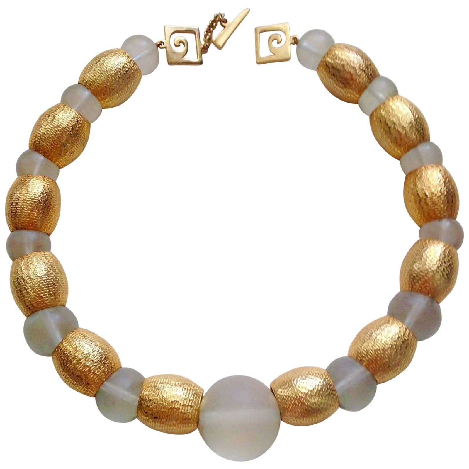 PIERRE CARDIN 1970's Brushed Goldtone and Frosted Acrylic Ball Necklace For Sale