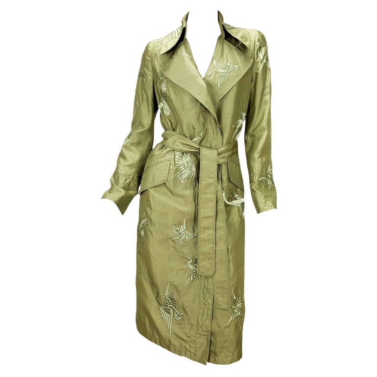 Tom Ford for Gucci S/S 2002 Green Silk Crane Birds Embroidery Trench Coat  For Sale at 1stDibs
