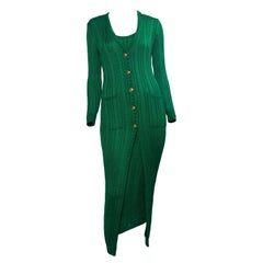 F/W 1993 Gianni Versace Couture Green Knit Dress + Medusa Button Cardigan Set