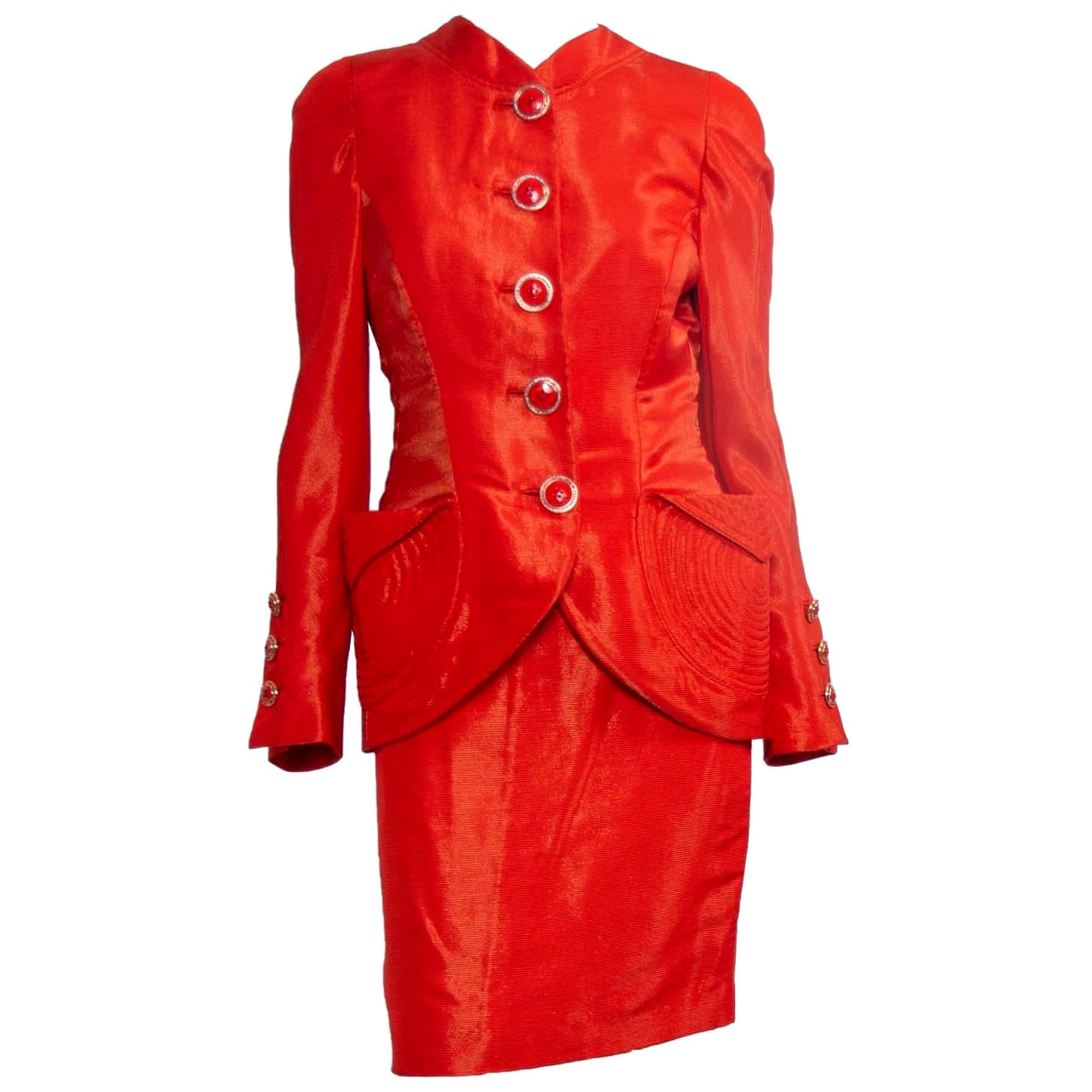 S/S 1991 Gianni Versace Couture Orange Metallic Skirt Suit 
