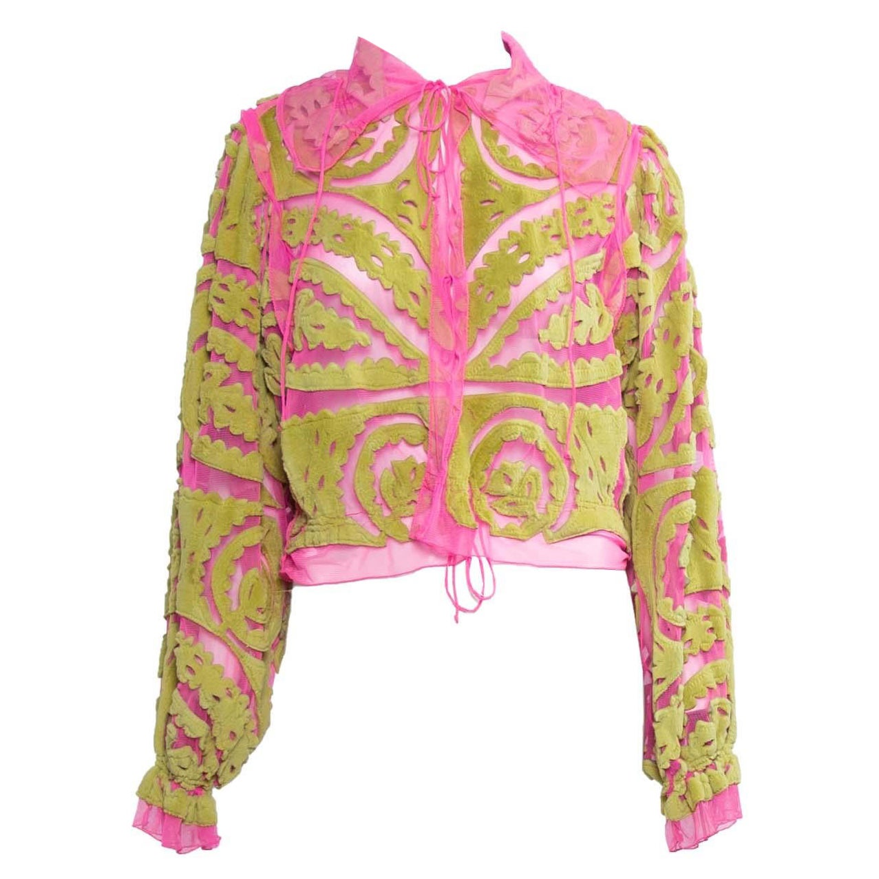 S/S 2000 Fendi by Karl Lagerfeld Neon Pink Blouse with Green Rabbit Fur Accents
