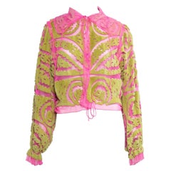 S/S 2000 Fendi by Karl Lagerfeld Neon Pink Blouse with Green Rabbit Fur Accents
