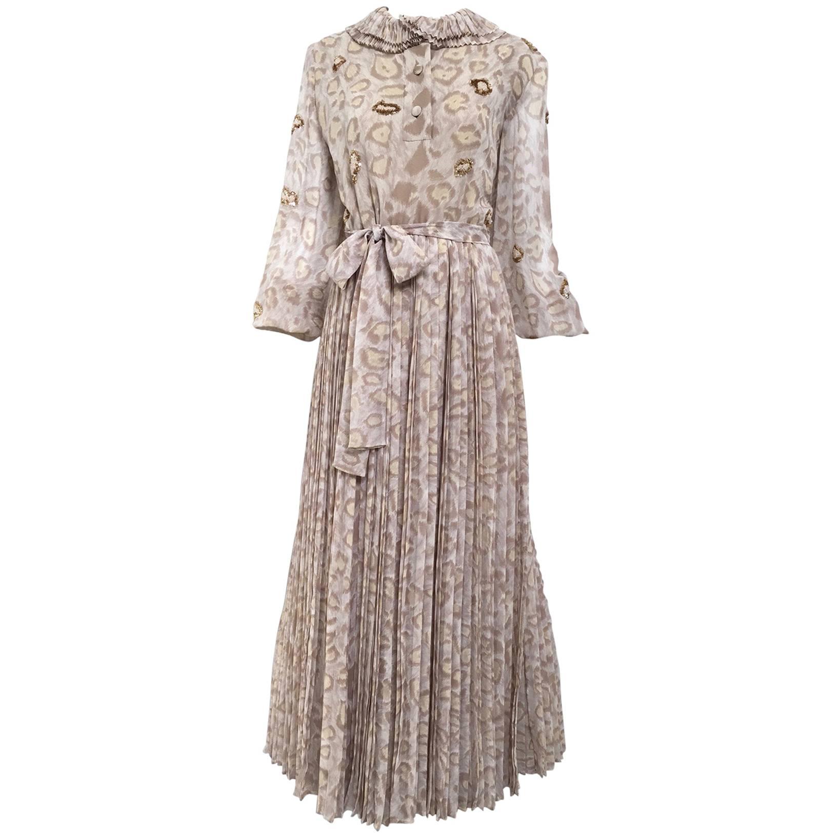1970s Andrè Laug Taupe and Brown Silk Print Maxi Dress For Sale at 1stDibs