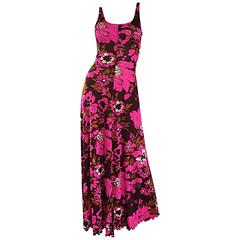 1970er Michael Dayan Hot Pink + Braunes geblümtes 70er Jahre Vintage Jersey Maxikleid