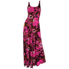 1970s Michael Dayan Hot Pink + Brown Floral 70s Vintage Jersey Maxi Dress