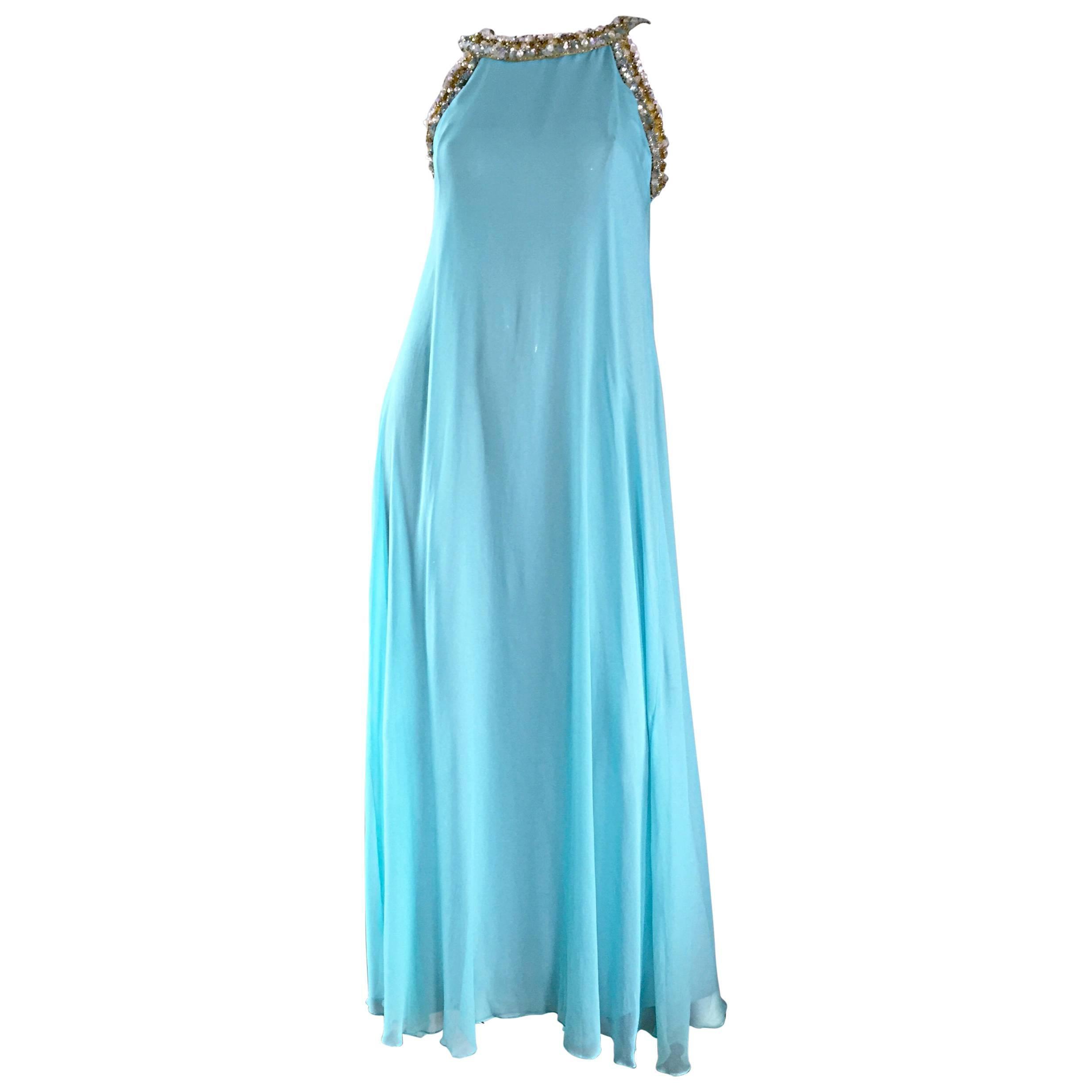 1960s Lord & Taylor Light Blue Aqua Chiffon Jeweled Rhinestone Vintage 60s Gown For Sale
