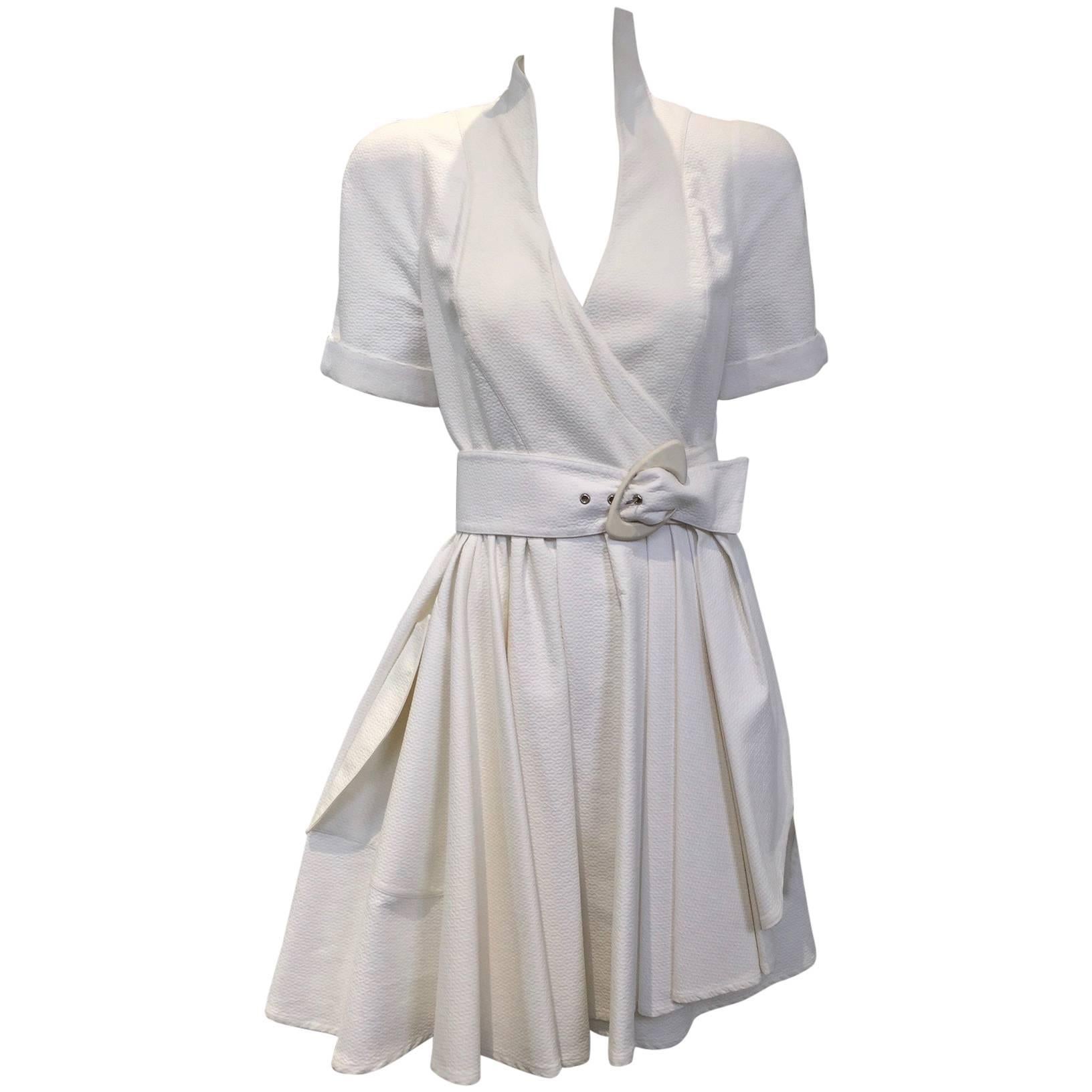 1990s Thierry Mugler white cotton wrap dress