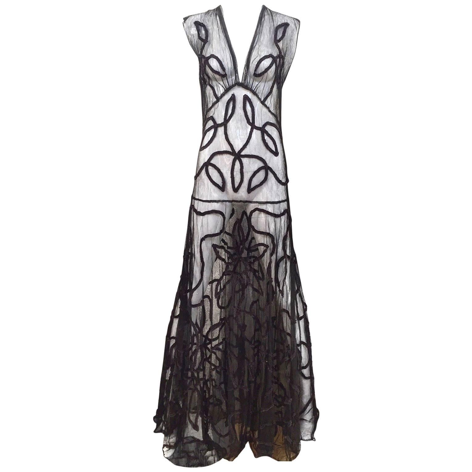1930s black mesh gown with soutache trim