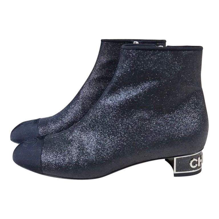 Chanel Black Glitter Leather Ankle  Cc Logo Cap-toe Booties For Sale