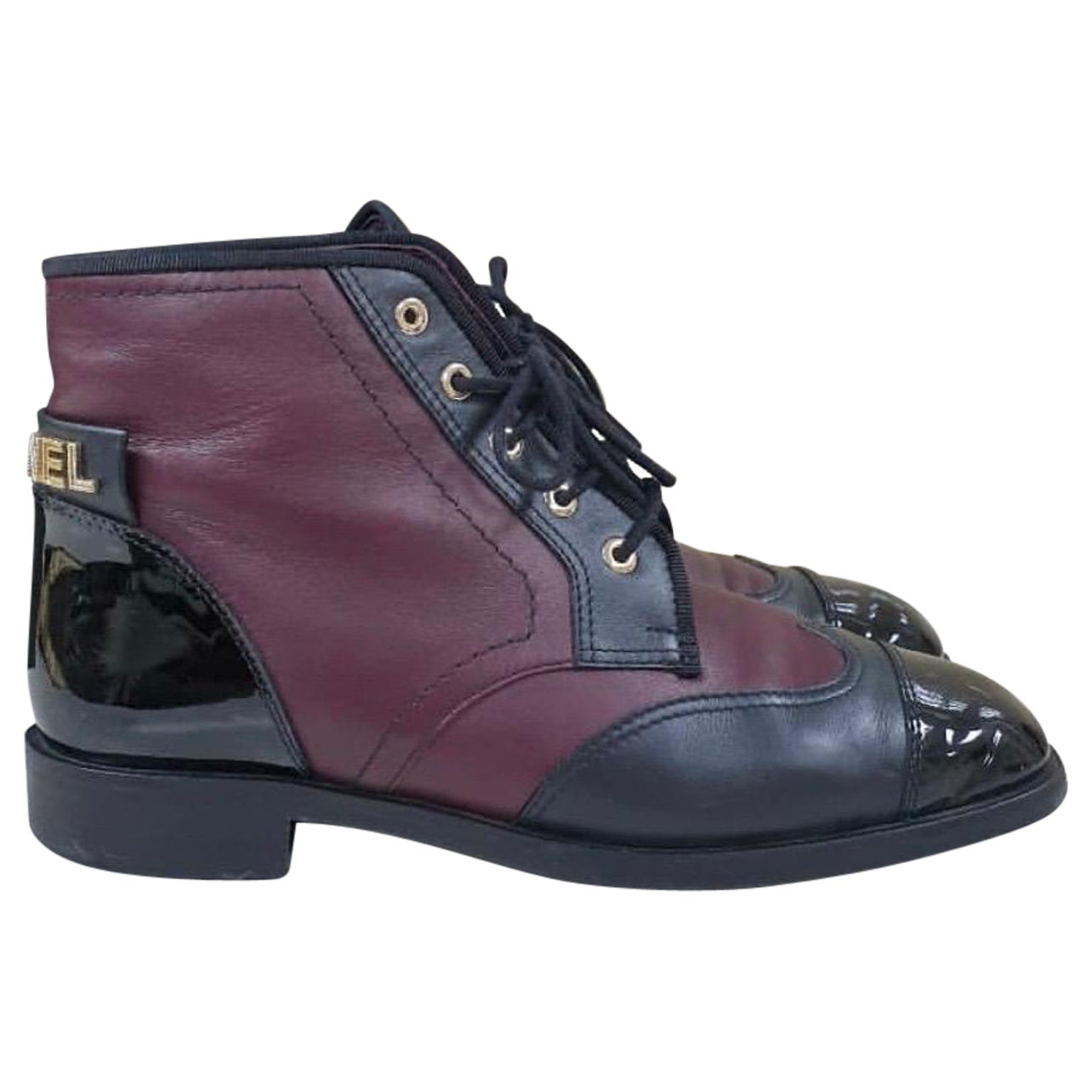 Chanel Black/Burgundy Leather Lace-Up Ankle Boots 