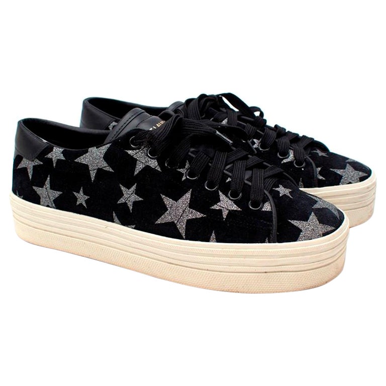 Saint Laurent Black Suede California Court Silver Star Sneakers - US 6.5  For Sale at 1stDibs