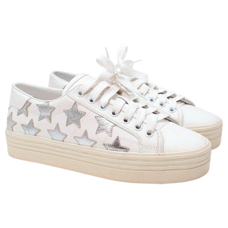 Saint Laurent White California Court Silver Star Leather Sneakers - US 6.5 For Sale