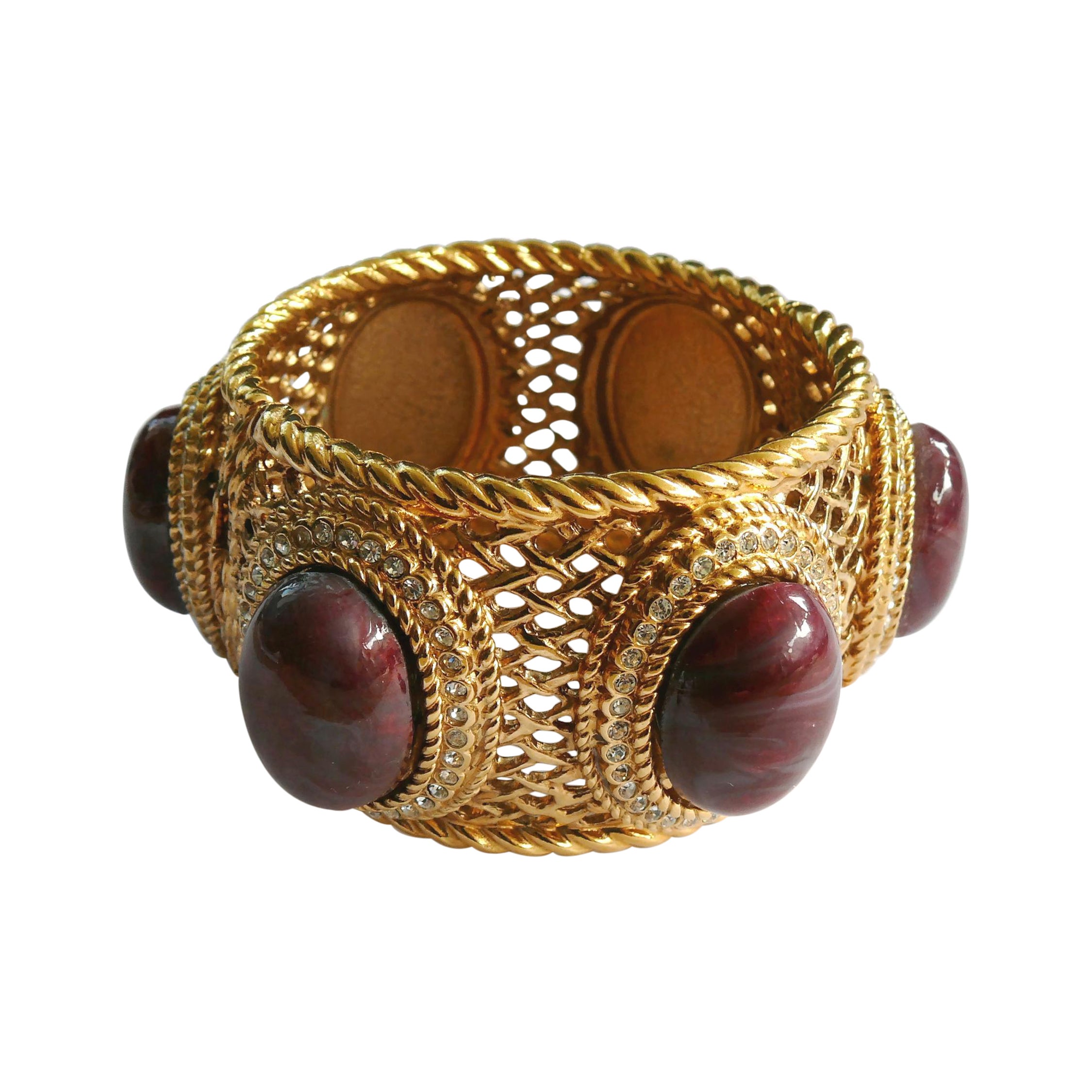 Christian Dior Boutique Massive Jewelled Gold Toned Latticework Cuff Bracelet For Sale
