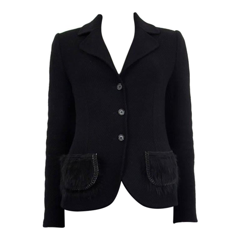 PRADA black wool FUR POCKET CLASSIC Blazer Jacket 42 M For Sale