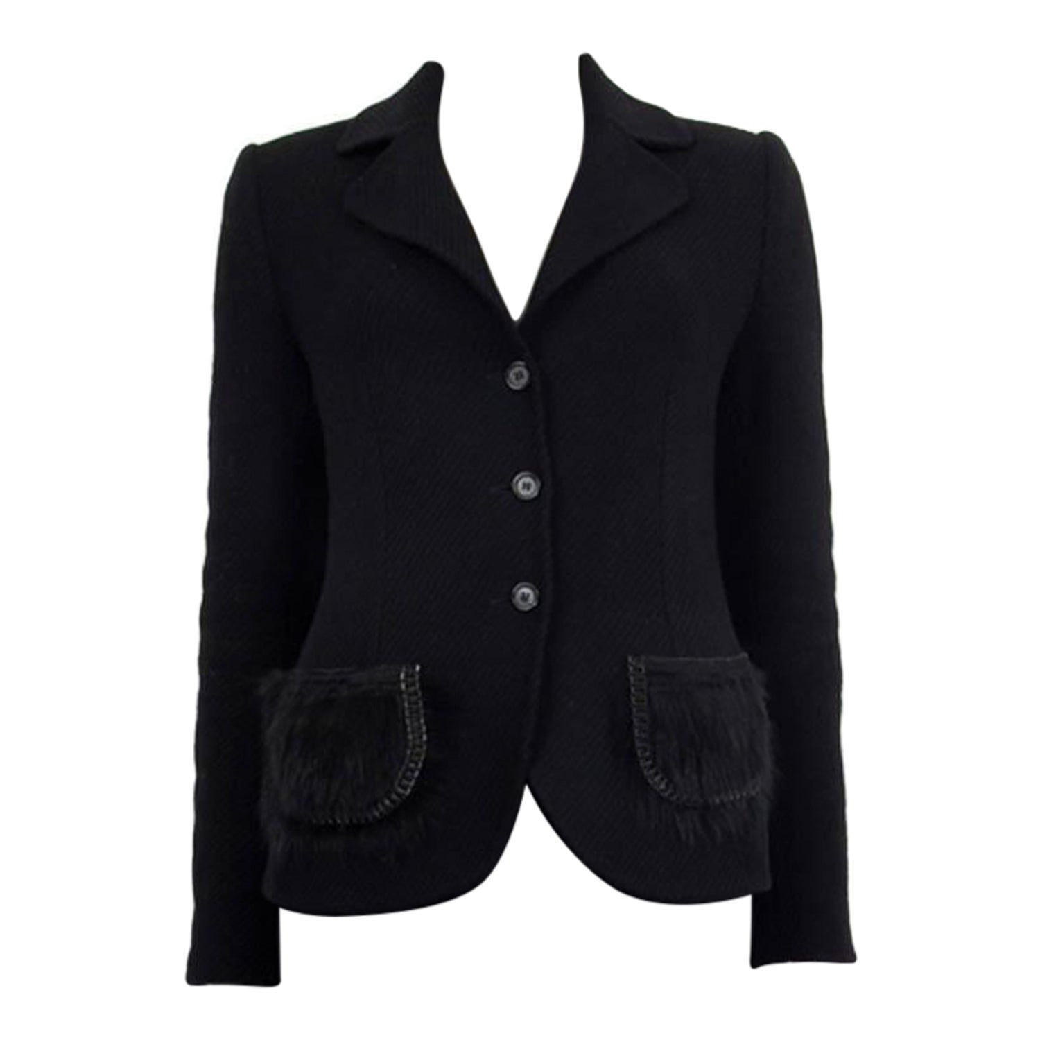 PRADA black wool FUR POCKET CLASSIC Blazer Jacket 42 M For Sale at 1stDibs