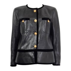 CHANEL black leather 2019 VELVET TRIM FAUX LIZARD Jacket 38 S