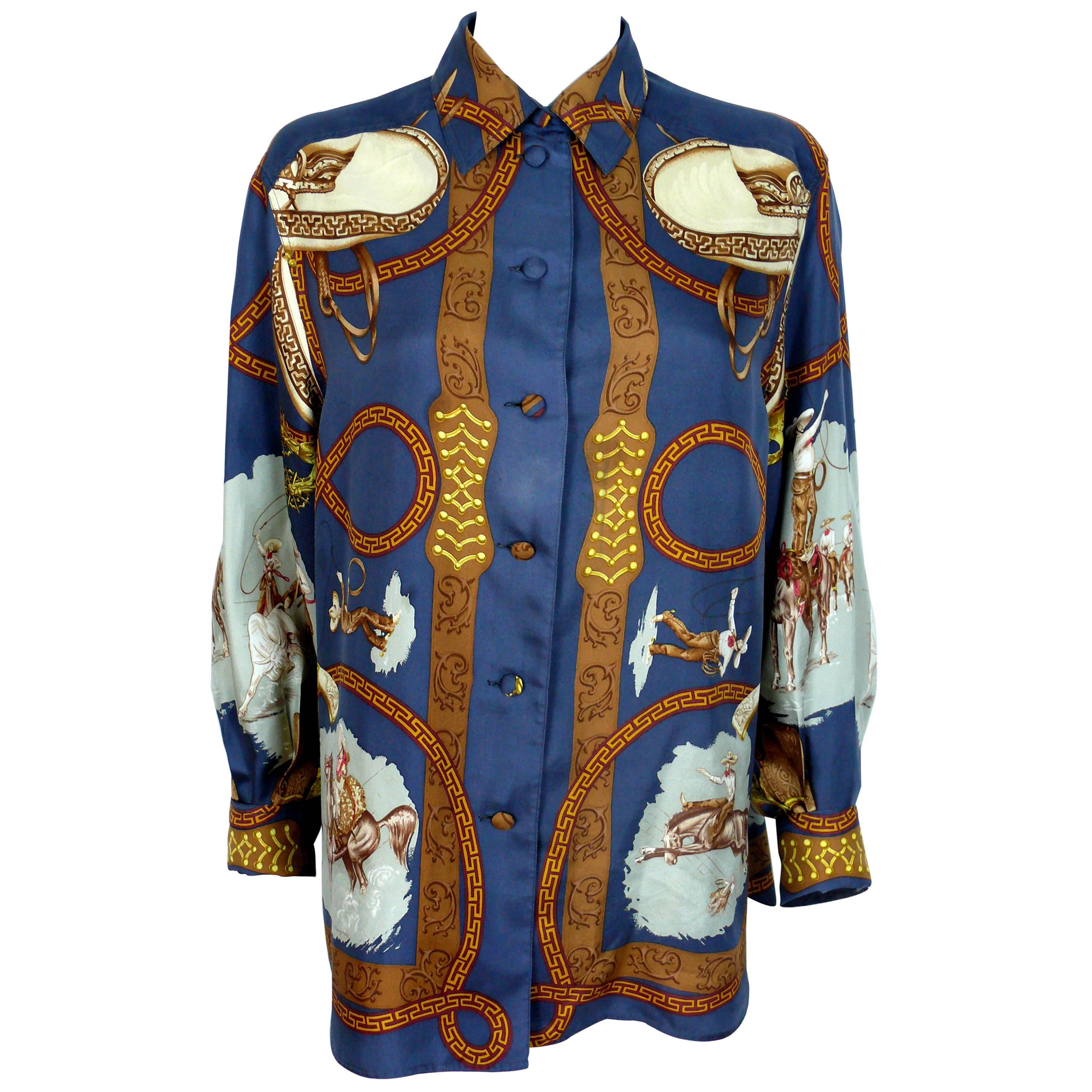 Hermes Vintage "Charreada" Print Silk Shirt Blouse