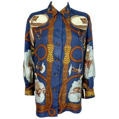 Hermes Vintage "Charreada" Shirt Blouse en soie imprimé