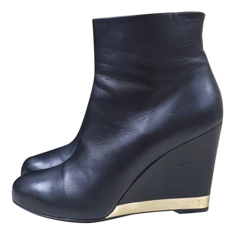 Chanel Black Leather Round Toe Wedge Boots 
