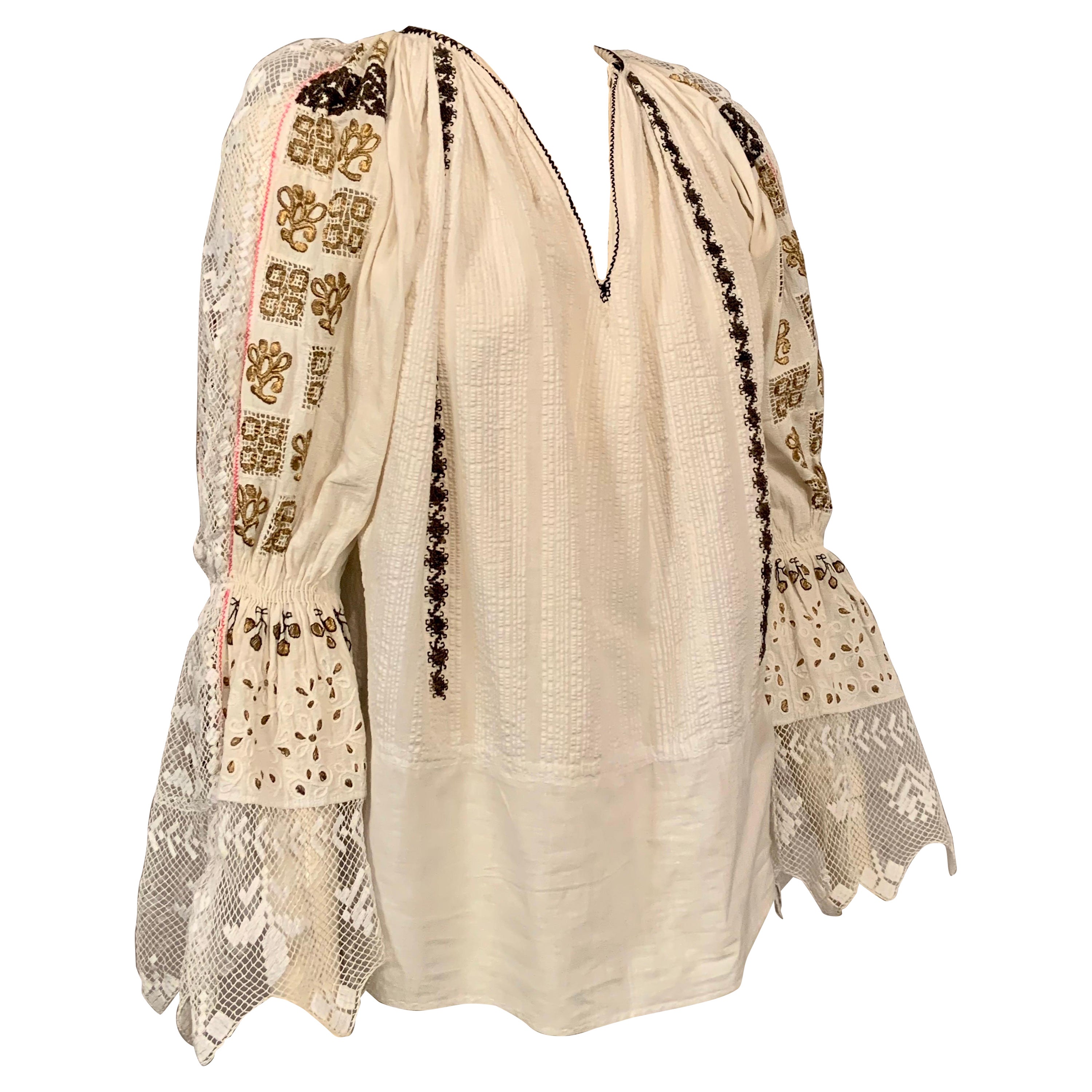 Romanian Blouse with Lace Eyelet and Black and Metallic Gold Embroidery