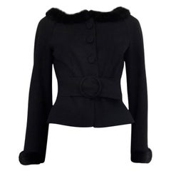 VALENTINO black wool FUR TRIM BELTED Blazer Jacket 6 S