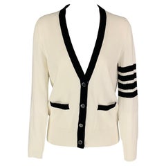 THOM BROWNE Size S White & Navy Knitted Cotton Cardigan