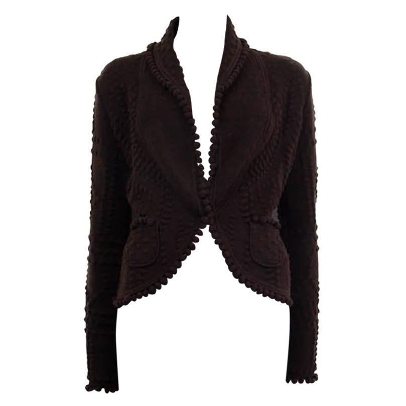CHRISTIAN DIOR dark brown wool 1999 POMPON Cardigan Sweater S For Sale