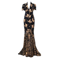 Stunning Roberto Cavalli Green Velvet Gown With Gold Bird Print 2005