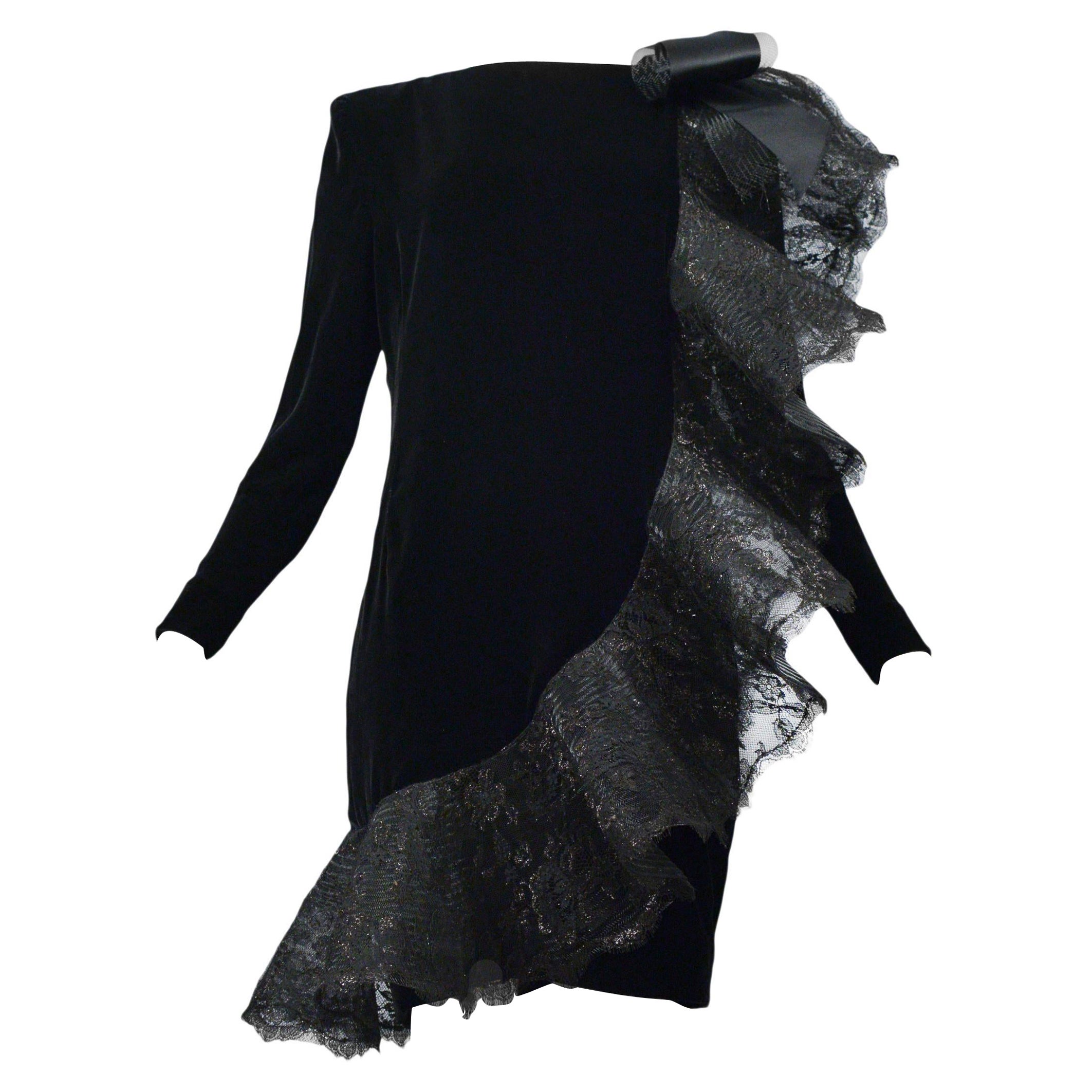 Pierre Cardin Black Velvet & Lace Ruffle Dress 1980s For Sale