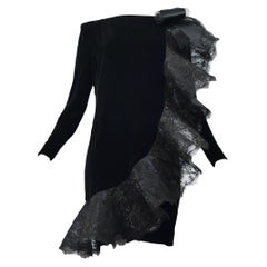 Pierre Cardin Black Velvet & Lace Ruffle Dress 1980s