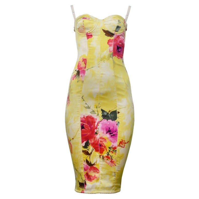 Dolce and Gabbana Yellow Floral Body-Con Dress 1990s at 1stDibs