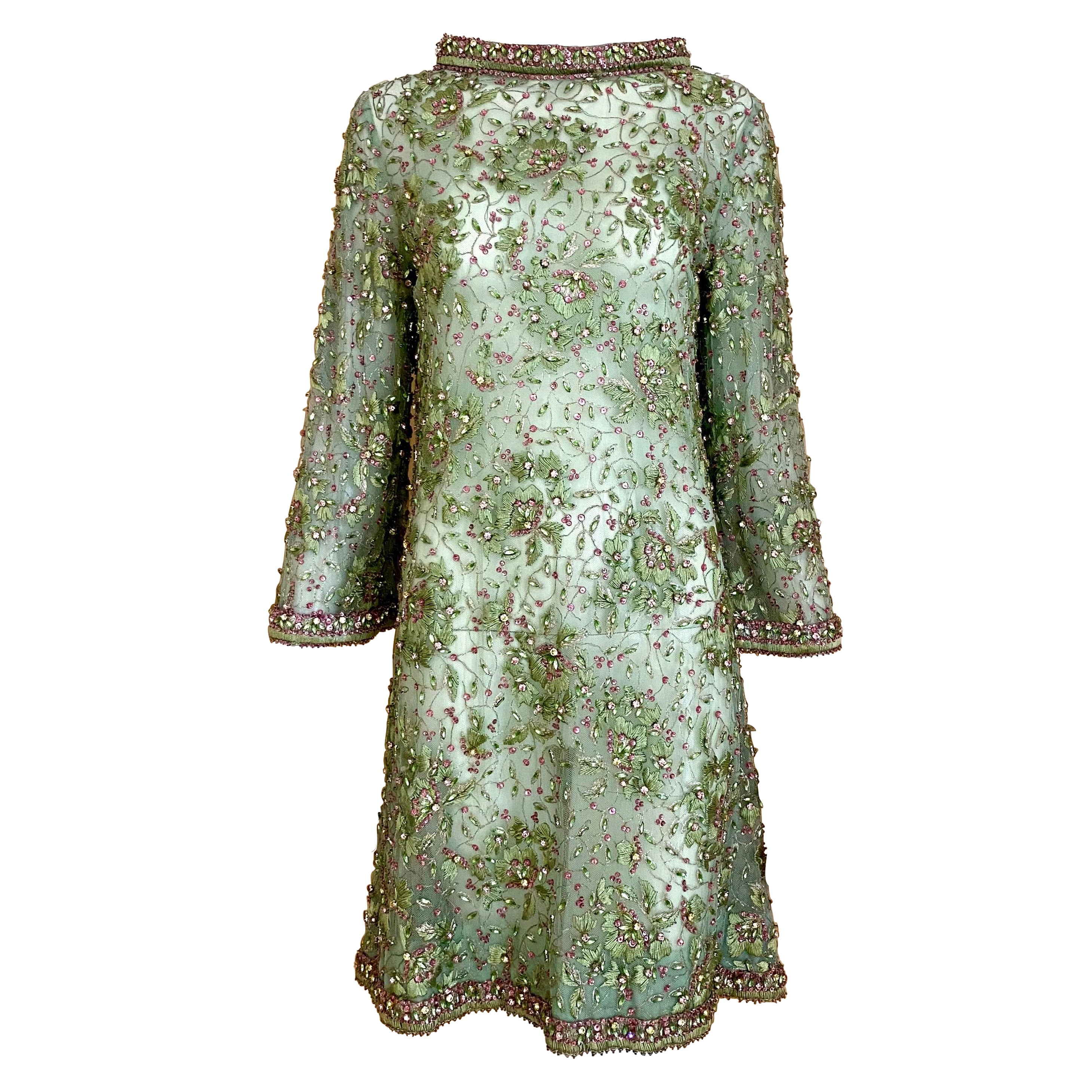 1960s Light Green Cocktail  Dress embellished with Rhinestones 