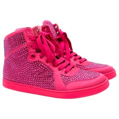 Gucci Neon Pink Crystal-Embellished Satin High Top Sneakers - US 8.5
