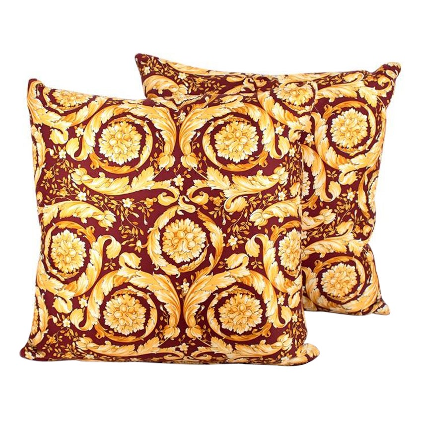 Versace Home Burgundy Baroque Silk Twill Faux Leather Pair of Cushions For Sale