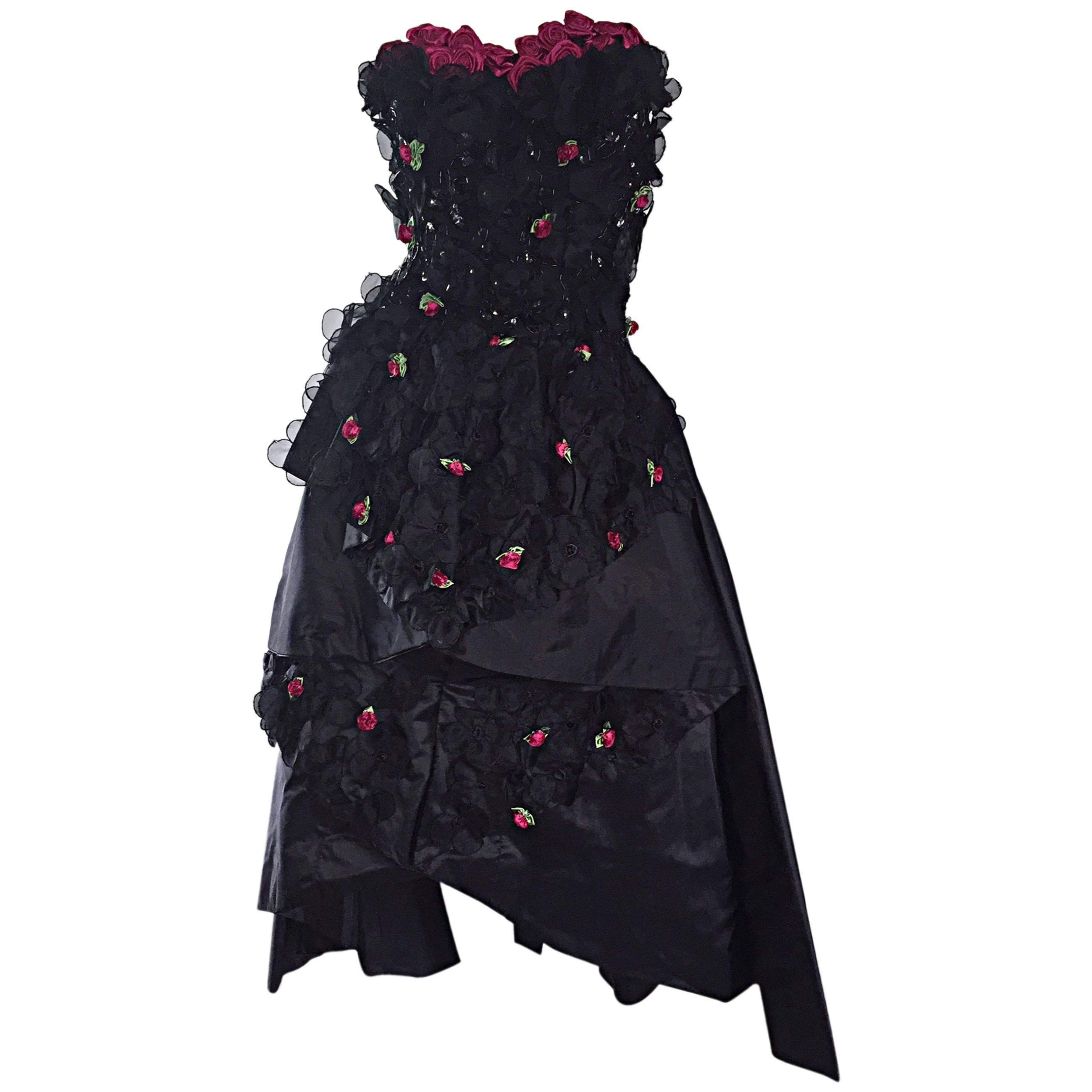 Exceptional 1950s Vintage Black Silk Taffeta Hi - Lo Dress w/ Rosettes and Lace For Sale