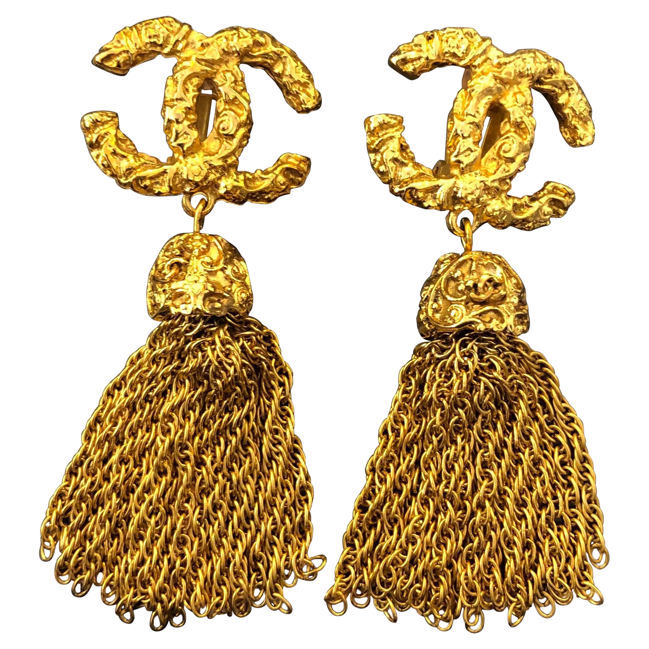 1990s Chanel Gold Toned Tassel Dangle Clip On Earrings 