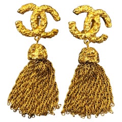 1990s Chanel Gold Toned Tassel Dangle Clip On Earrings 