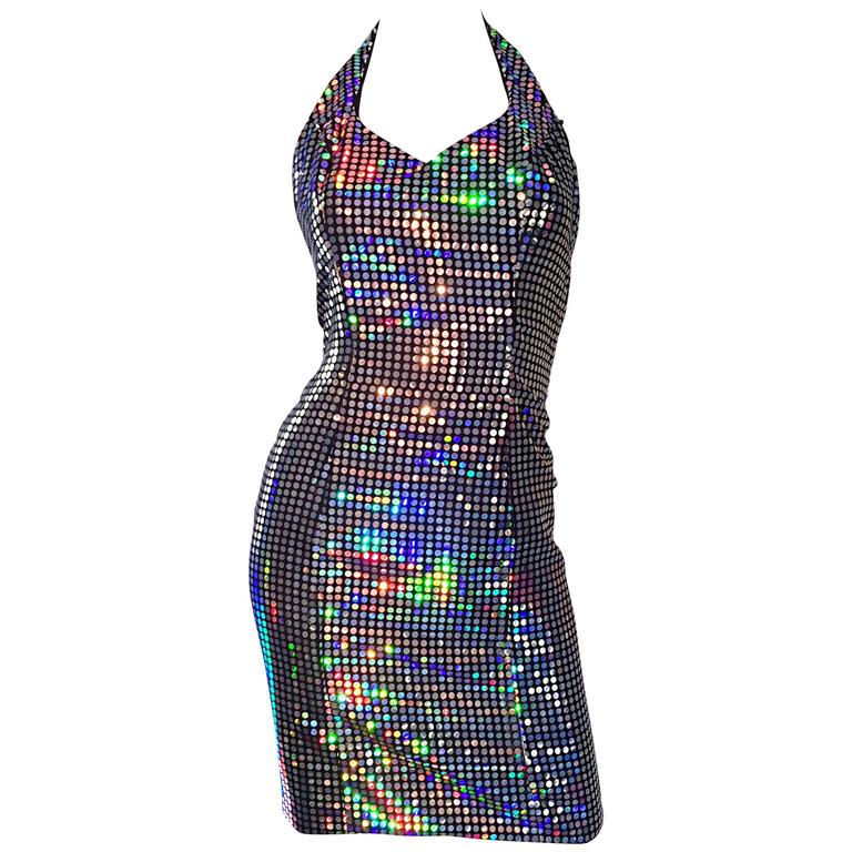 princess polly baby blue dress Mike Benet 1990s Vintage Holographic Mirrored Bodycon Sexy 90s Halter Dress  at 1stDibs