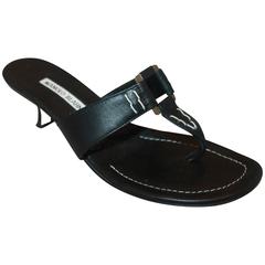 Manolo Blahnik Black Leather Sandals w/ Kitten Heels & White Stitching - 37