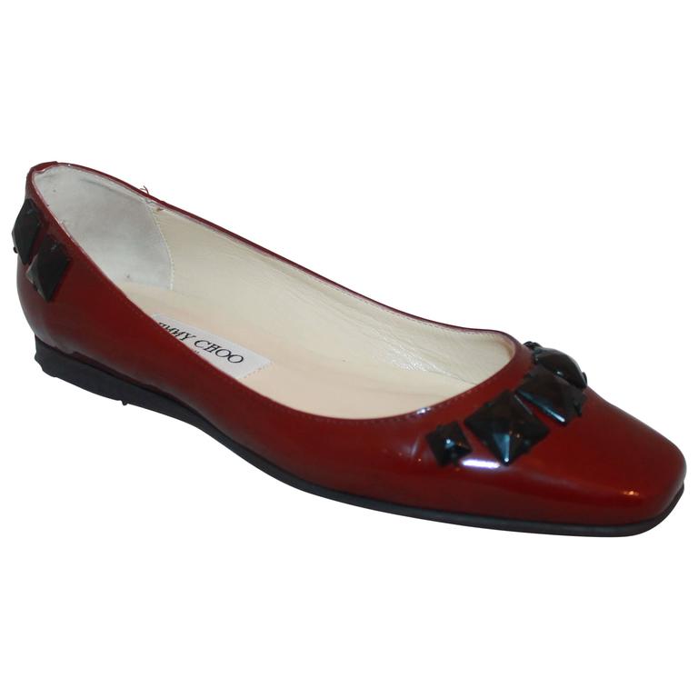 Jimmy Choo Red Patent Flats w/ Black Stone Beads - 37 For Sale at 1stDibs