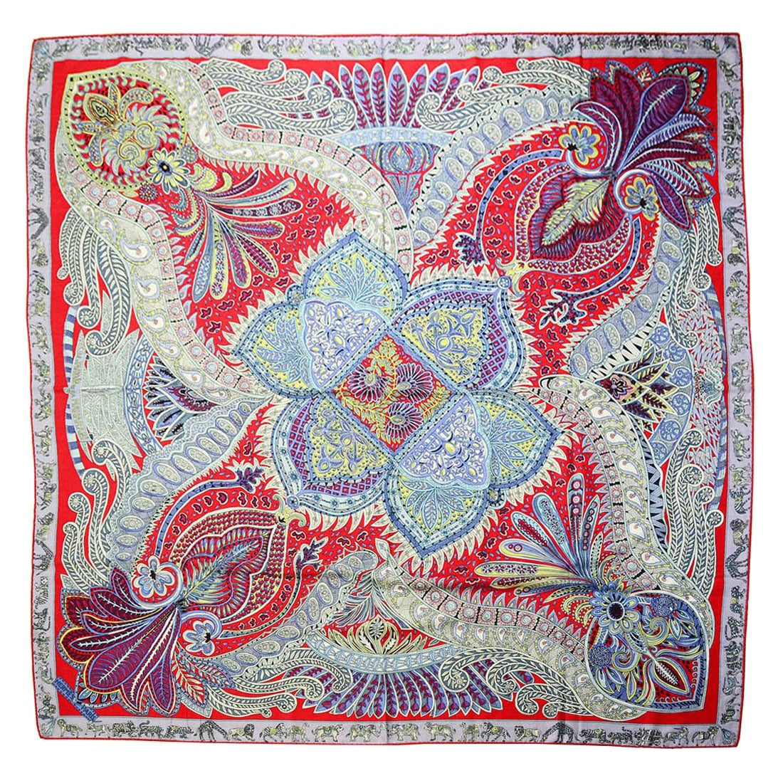 Hermes Red/Multicolor Le Jardin de la Maharani Silk & Cashmere 140 Shawl Scarf