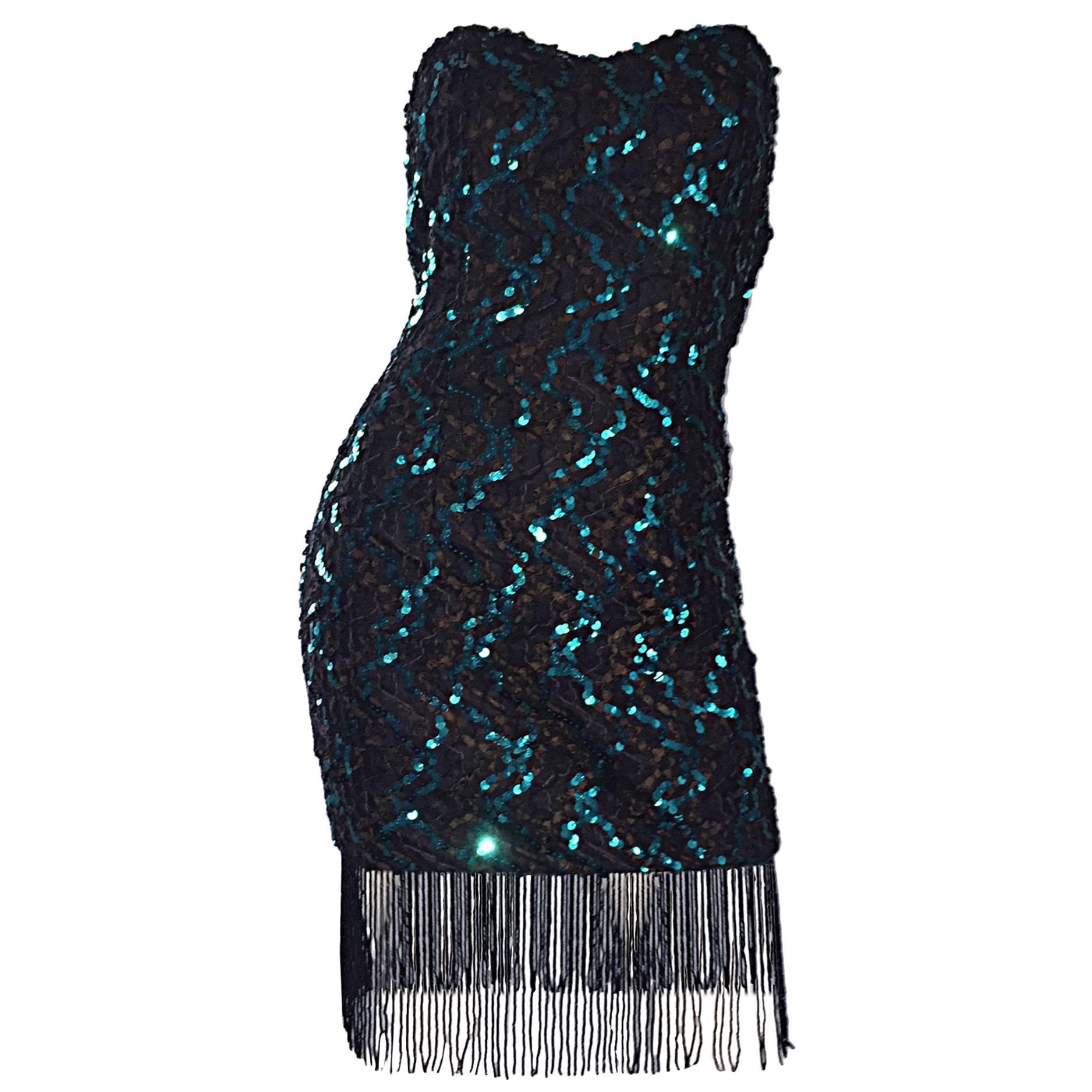 Vintage J. Reynolds Black + Teal Sequin Lace Beaded Fringe Strapless Sexy Dress For Sale