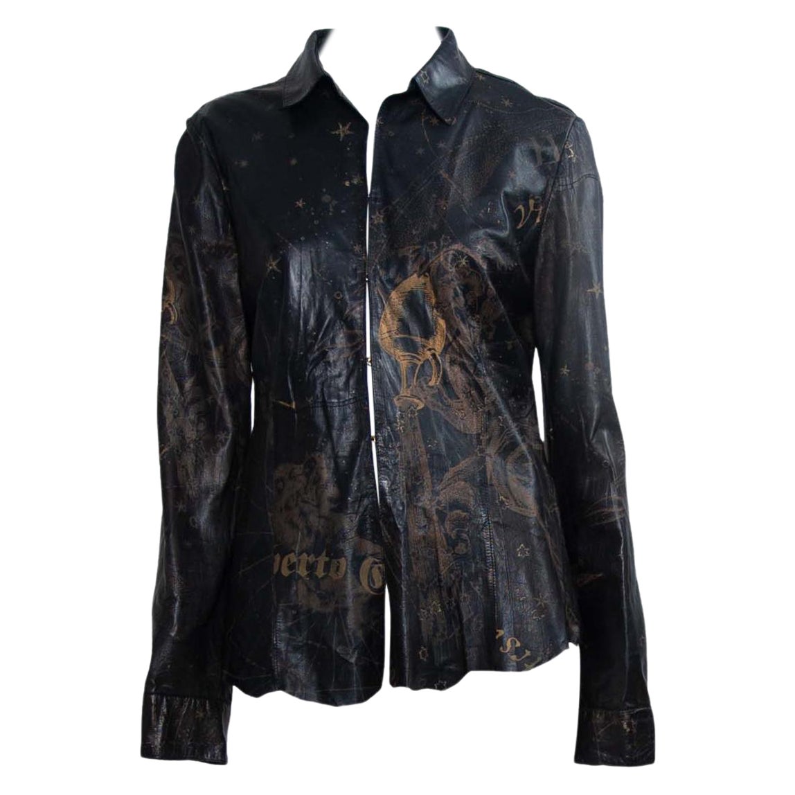 2003 Roberto Cavalli Leather Gold Astrology Print Hook Closure Top For Sale