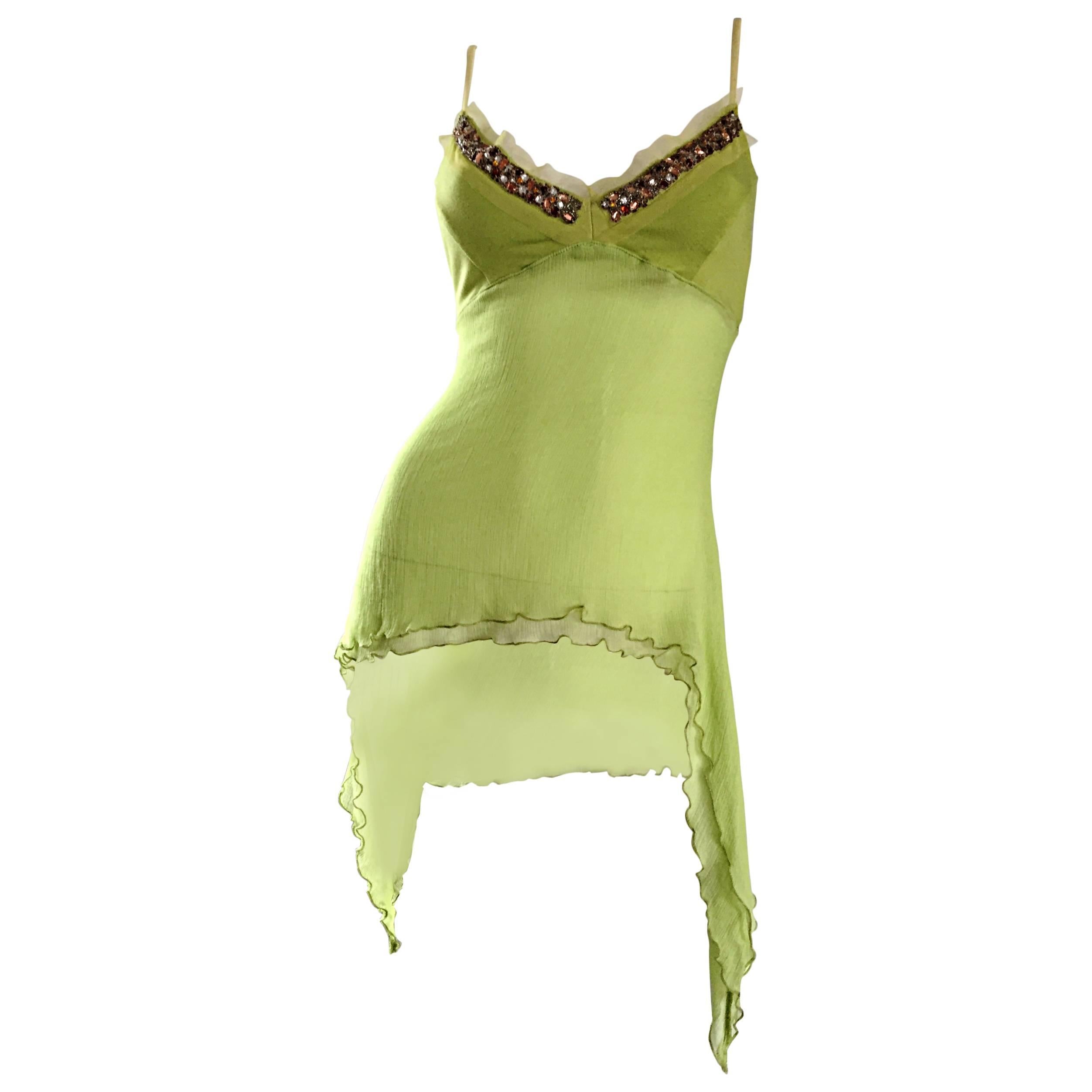 Exquisite Alexander McQueen c. 2004 BNWT Chartreuse Green Chiffon Jeweled Top