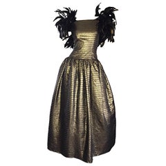 Incredible Vintage Victor Costa Gold / Bronze Avant Garde Gown w/ Feathers