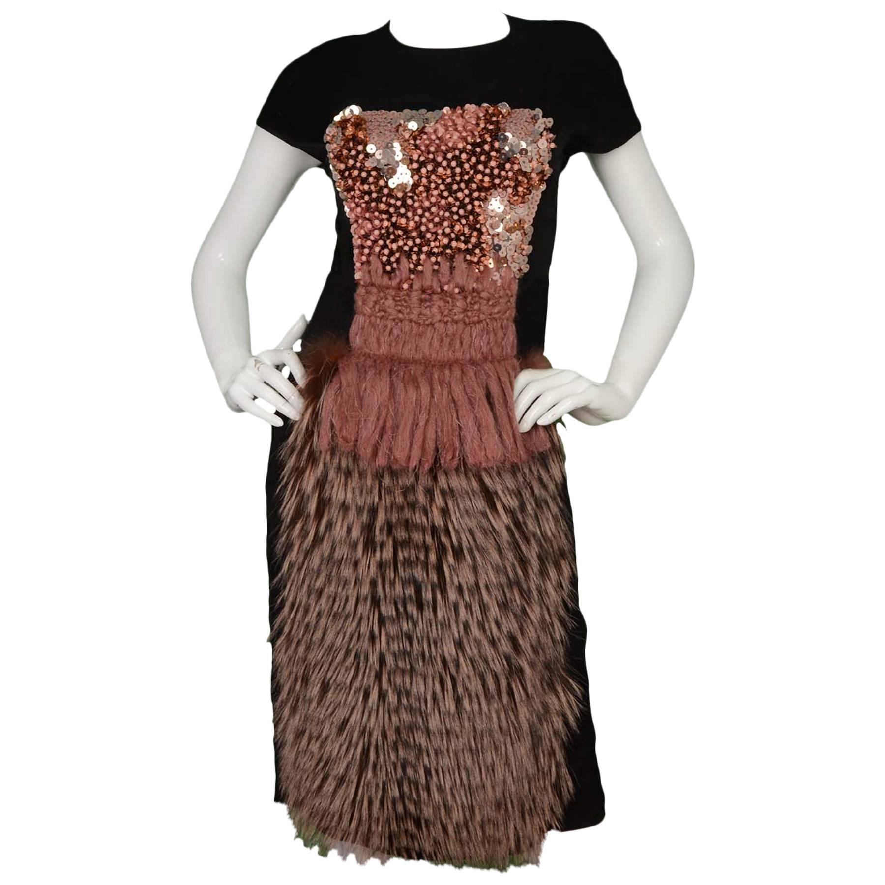 Fendi Black Silk & Pink Multi-Textured Cocktail Dress sz 40