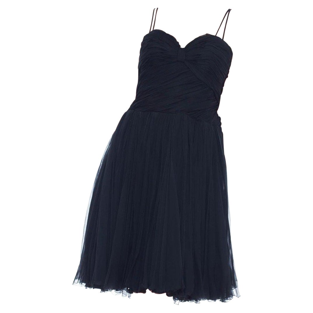 1950S BOB BUGNAND Black Silk Chiffon Draped Bodice & Swing Skirt Cocktail Dress
