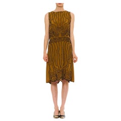 Used 1920S Caramel Brown Beaded Silk Crepe De Chine  Cocktail Dress As-Is For Desi